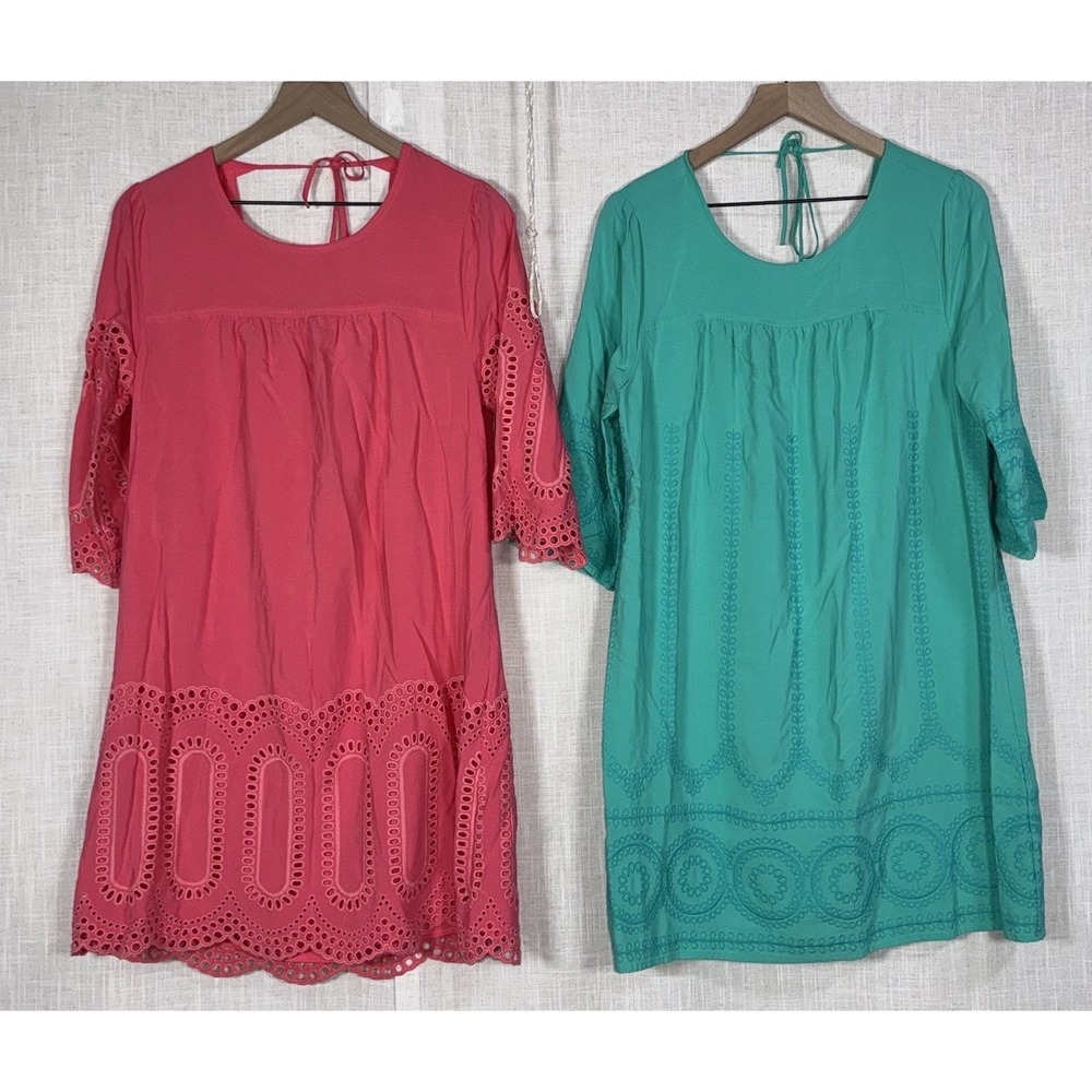 Crown & Ivy 3/4 Sleeve Eyelet Baby Doll Dress  Coral Green Women's L 12 LOT of 2